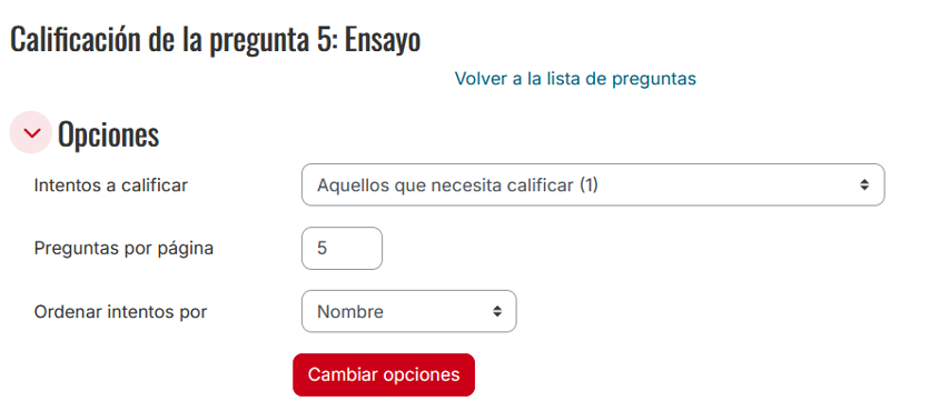Opciones de la calificación manual de preguntas