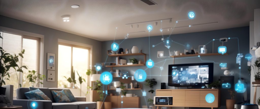 Sala de estar moderna con muebles cómodos, plantas y tecnología conectada, incluyendo un televisor y dispositivos inteligentes.