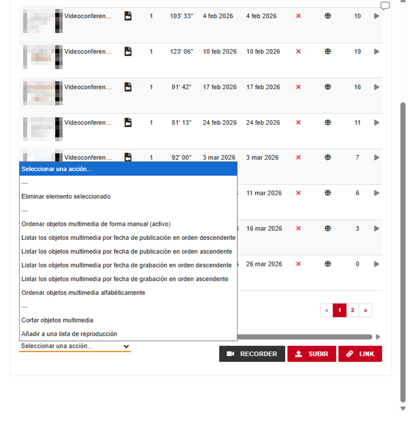 Opciones de orden para los objetos multimedia